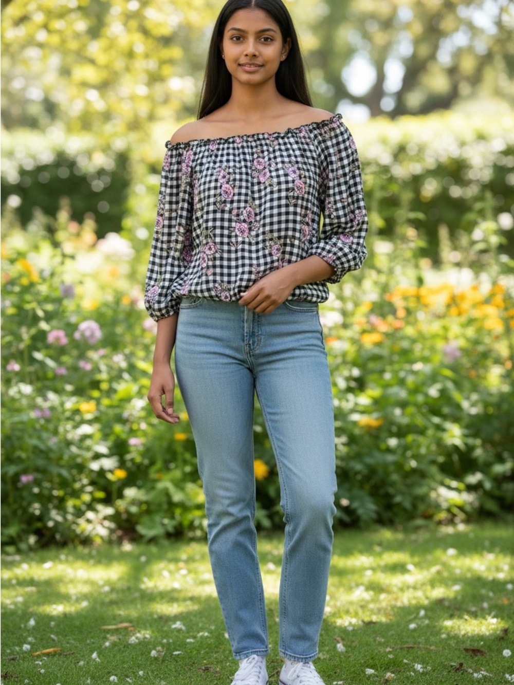 SUZY SHIER Black plaid Floral Off-Shoulder Women's Top size medium